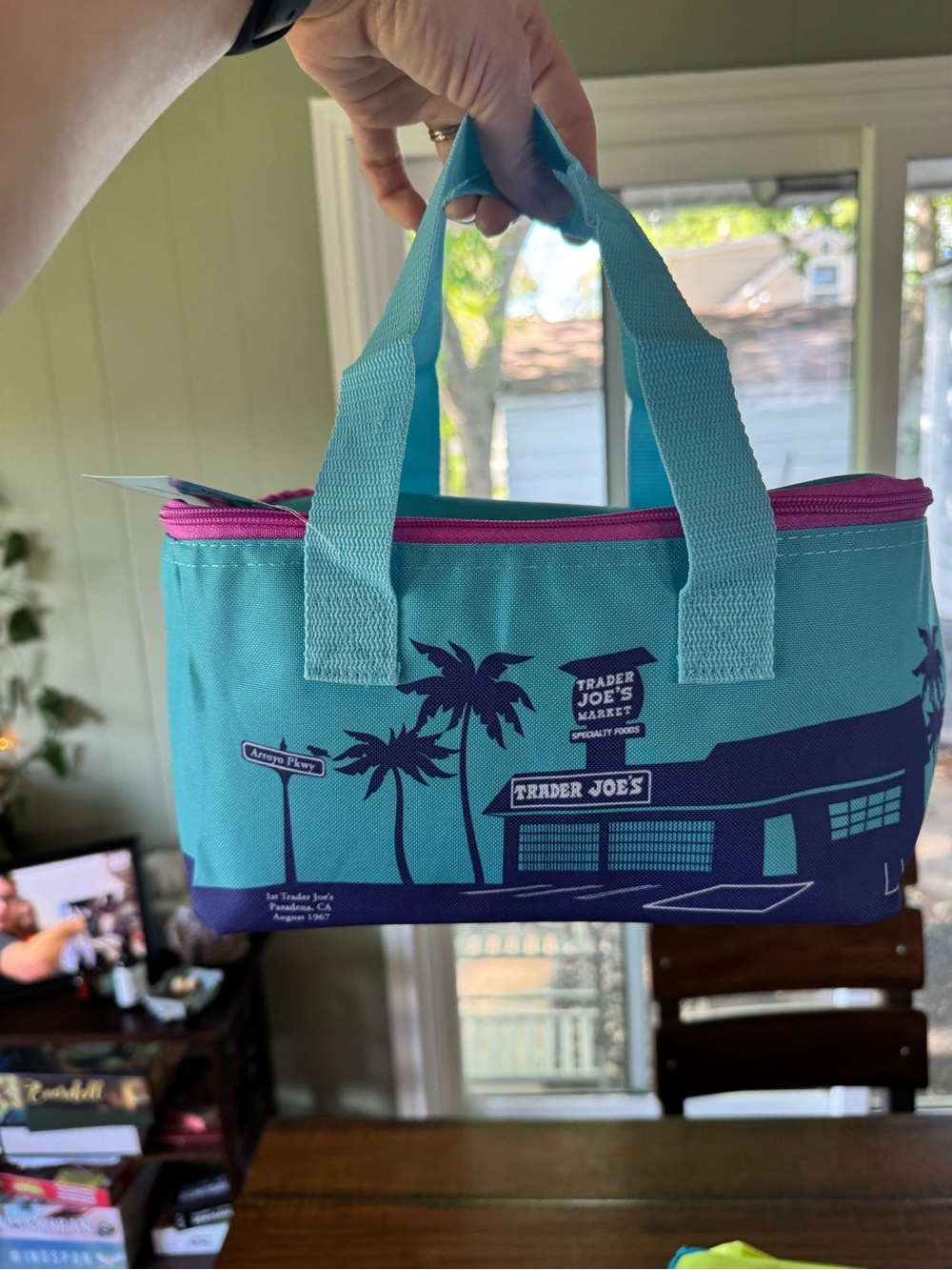 Trader Joe's Turquoise Insulated Tote with Pink Zipper